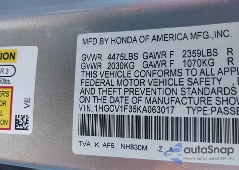 2019 Honda Accord Sport z USA, uszkodzony, nr VIN 1HGCV1F35KA063017